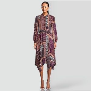 Vince Camuto Patchwork Long-Sleeve Asymmetric Midi Shirt Dress Handkerchief Hem